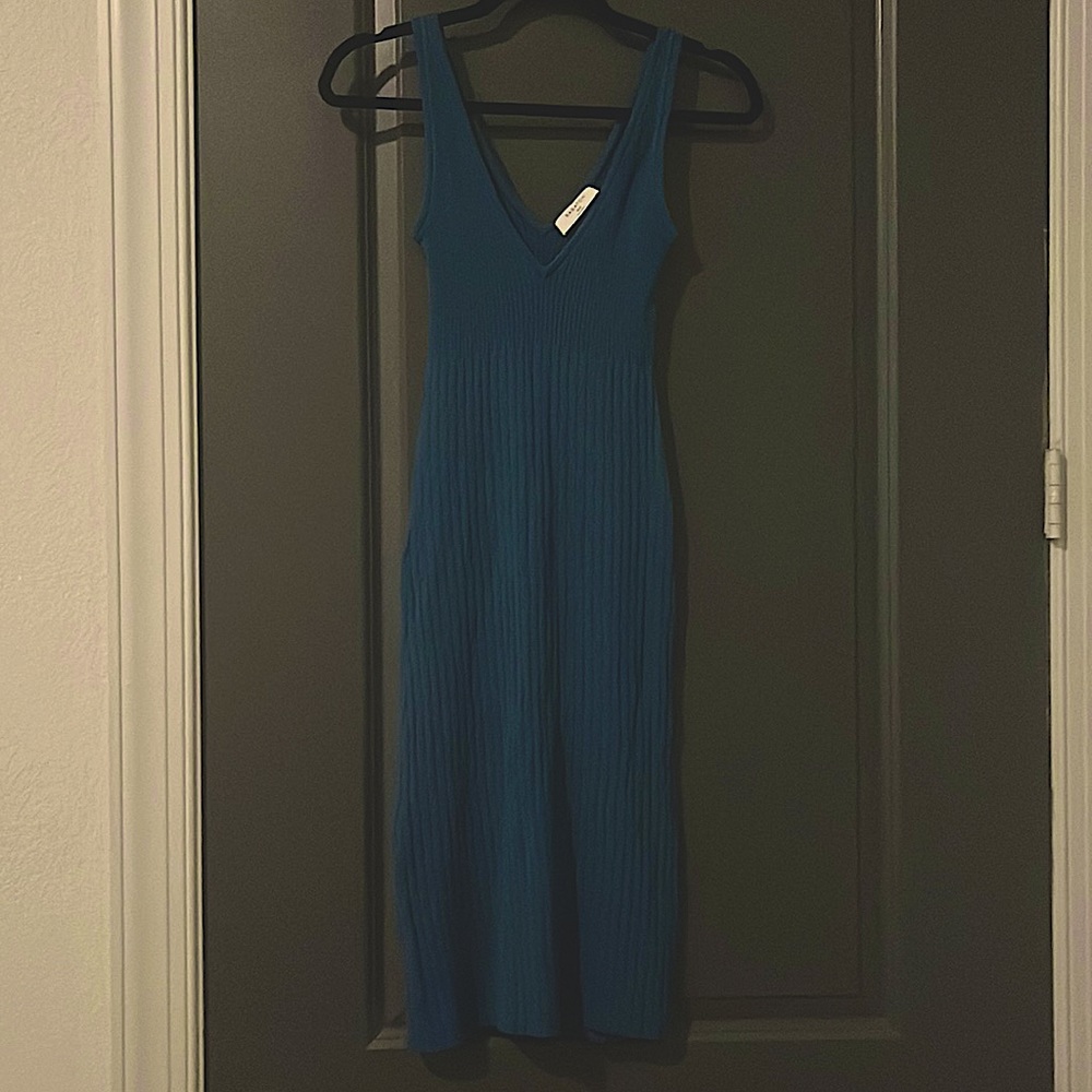 Aritzia Babaton Broderick Midi Dress, Ribbed Knit Double Vneck, Teal, XXS